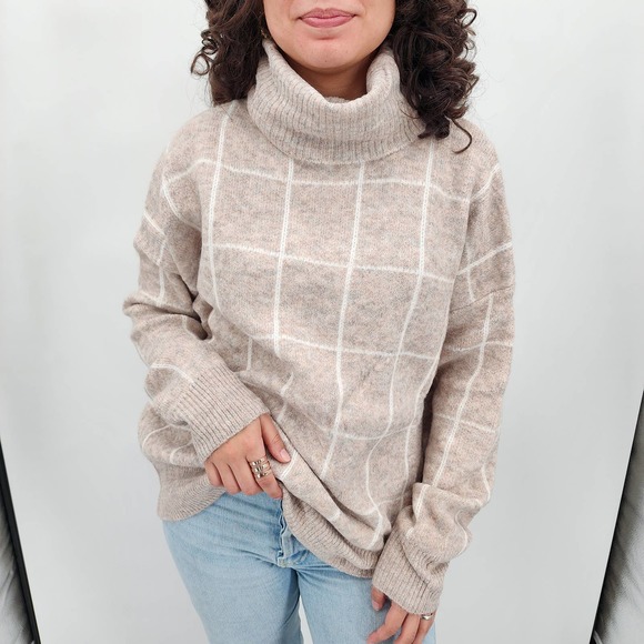 Entro Cowl Neck Windowpane Neutral Chunky Oversized Striped Sweater Large NWT - Picture 1 of 5